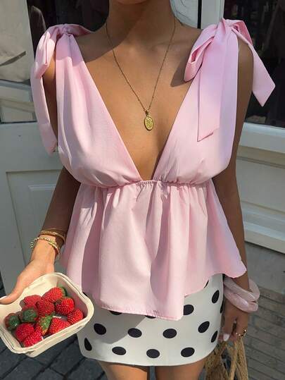 Sunnyshic Summer New V-Neck Butterfly Decor Retro Chic Casual Sexy Short Shirt, Fashionable Pink Girly Versatile Design For Women