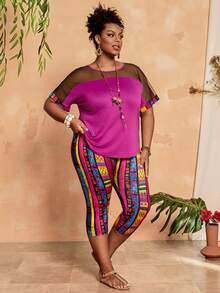 EMERY ROSE Conjunto de 2 piezas talla grande para mujer - Top de manga corta con parches de malla y leggings - Multicolor - Ver 1