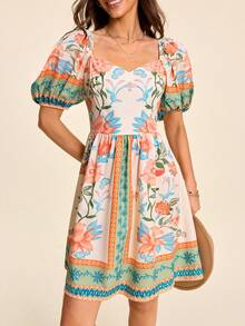 Coeurva Spring/Summer Vacation Woven Printed Square Neck Petal Sleeve Women's Mini Dress - Multicolor - View 4