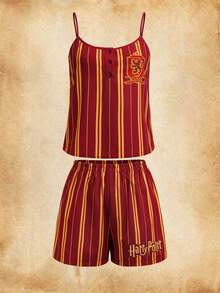 HARRY POTTER X SHEIN 女士吊带条纹无袖休闲舒适透气睡衣套装 - 酒紅色 - 查看 1