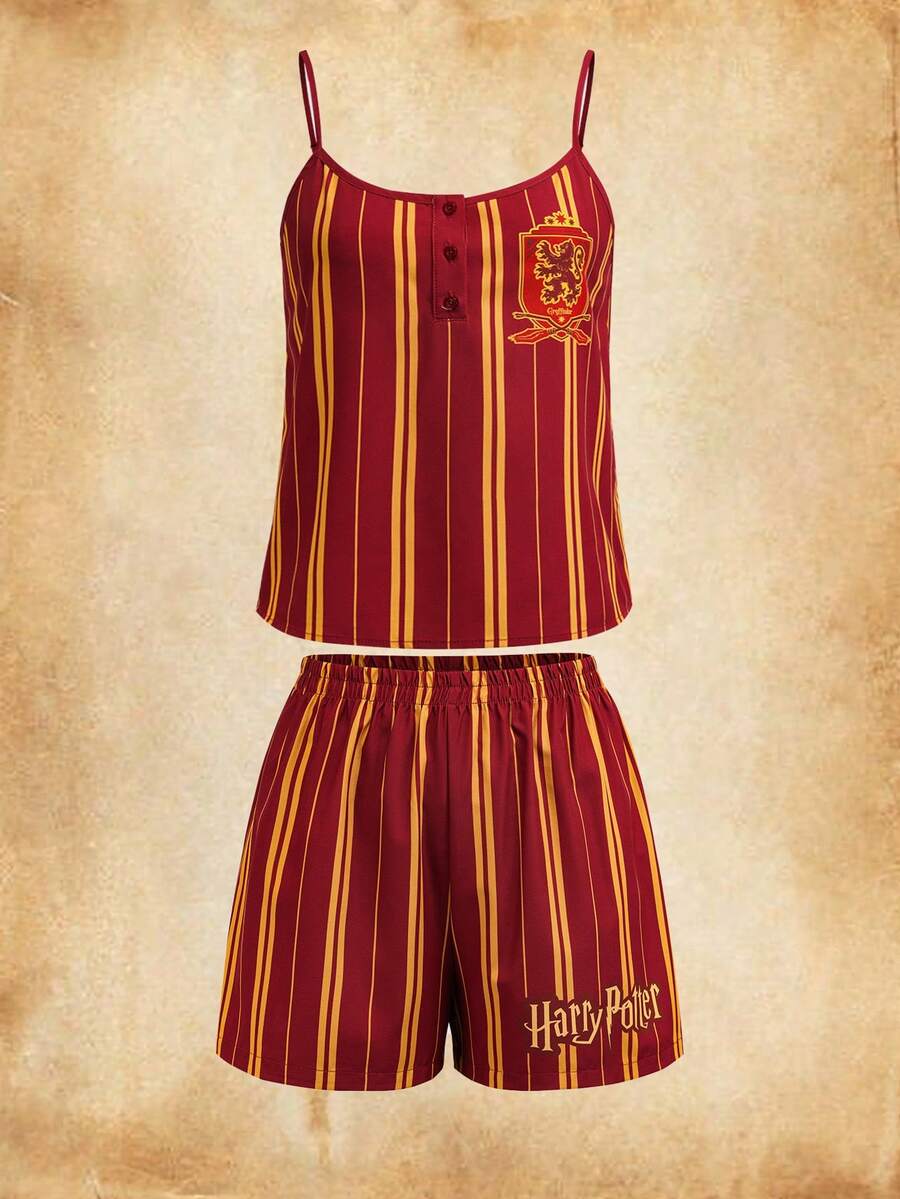 HARRY POTTER X SHEIN 女士吊带条纹无袖休闲舒适透气睡衣套装 - 酒紅色 - 查看 1