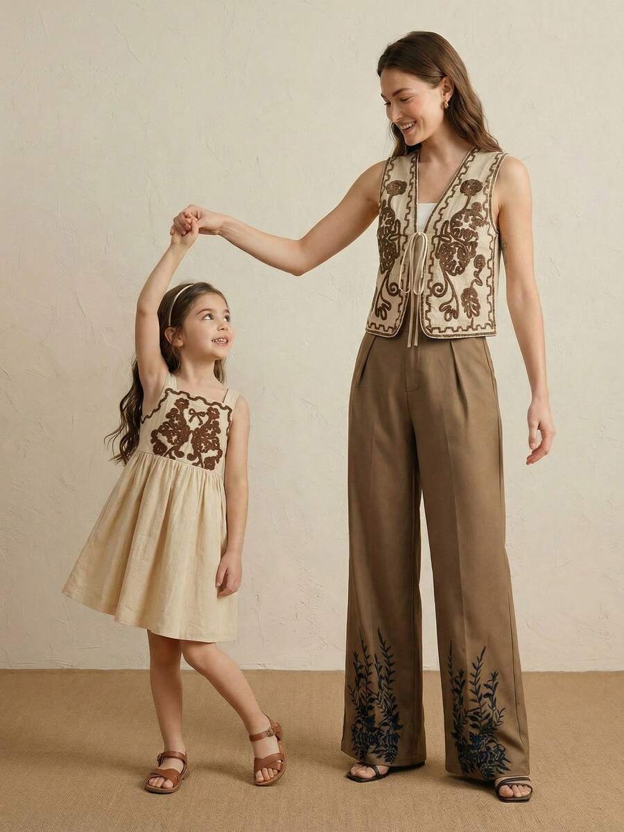 SHEIN 女童无袖花卉刺绣连衣裙,带抽绳小袋,复古乡村风可爱优雅夏季连衣裙 - 卡其色 - 查看 1