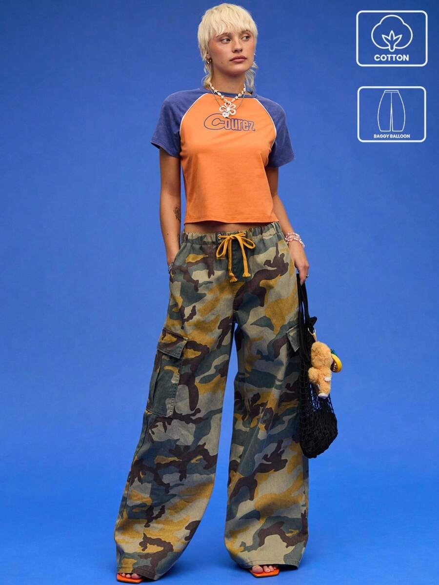 COUREZ 宽松气球迷彩裤/女士夏季穿搭/街头休闲/Y2K风格 100%纯棉 100%纯棉 复古 - 彩色 - 查看 1