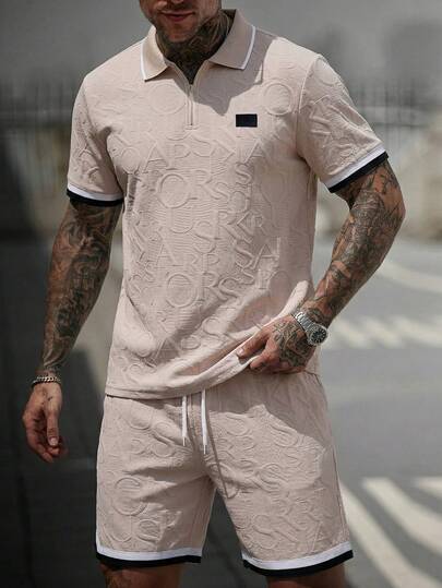 Manfinity CasualCool 男士舒适字母印花针织短袖拉链 Polo 衫和抽绳松紧腰短裤两件套，休闲百搭，适合度假、聚会、外出、运动、办公等场合，经典日系风格，春秋季节必备，畅销套装，自穿或送礼皆宜。