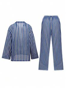 Bonvoyette Women's Blue & White Striped Loose Casual Long Sleeve Cardigan And High Waist Straight Leg Wide Leg Pants, Suitable For Summer Vacation - Blue and White - View 5