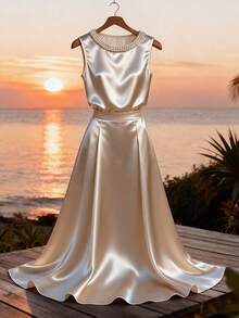 Lyxana Women's Pearl Collar Satin Sleeveless Top & A-Line Skirt Set, Charming Elegant Daily Commute Casual Vintage French Street Business Holiday Apricot/Champagne Top & Skirt, Early Spring/Summer 2-Piece Outfit - Champagne - View 1