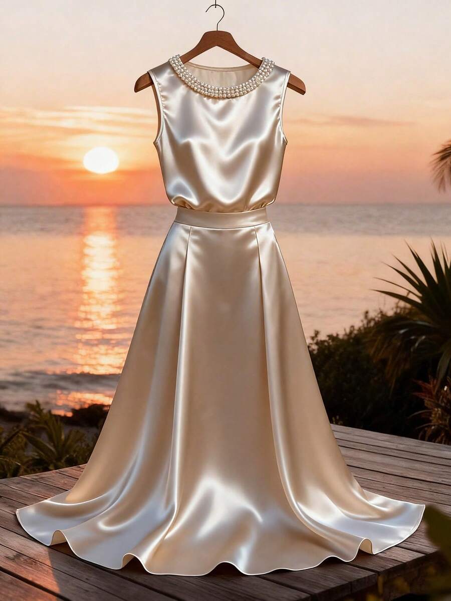 Lyxana Women's Pearl Collar Satin Sleeveless Top & A-Line Skirt Set, Charming Elegant Daily Commute Casual Vintage French Street Business Holiday Apricot/Champagne Top & Skirt, Early Spring/Summer 2-Piece Outfit - Champagne - View 1