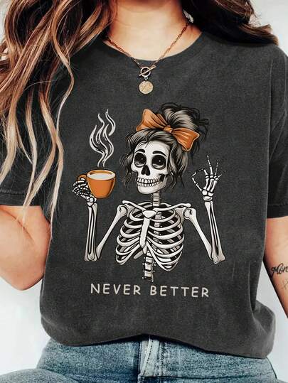 EMERY ROSE 骷髅头喝咖啡图案字母标语圆领短袖加大码T恤