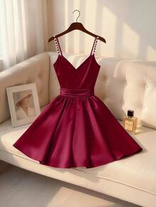 SHEIN Clasi Plus Size Women's Elegant Romantic 3D Pearl Decor Camisole Waist Slimming Short Satin Burgundy Dress, Summer - Burgundy - View 2