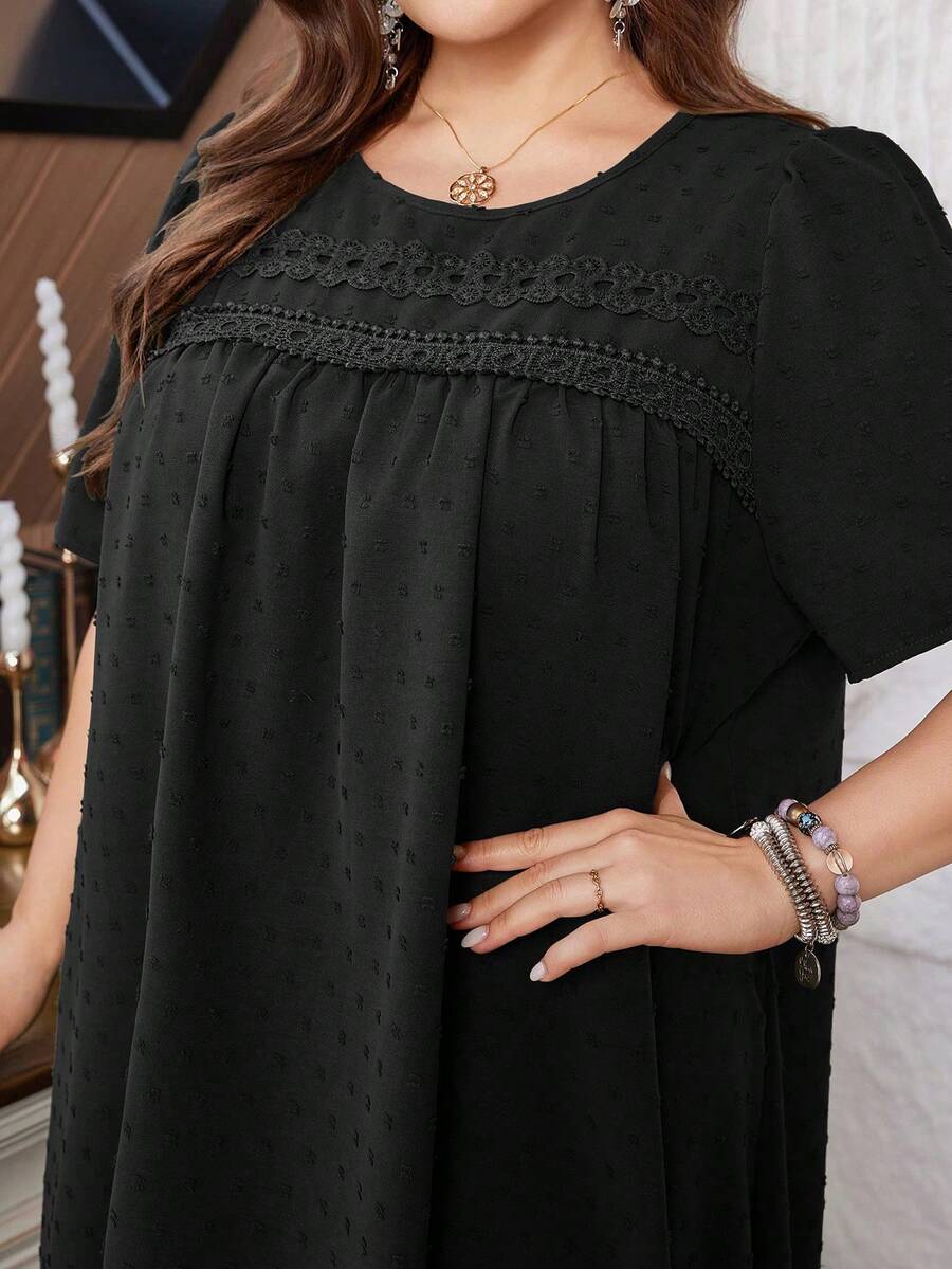 Lacomfia Casual Minimalist Pom-Pom Jacquard Round Neck Loose Fit Short Sleeve Plus Size Dress, Suitable For Spring And Autumn - Black - View 1