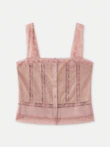 lacRébo Dusty Pink Cropped Camisole With V-Neckline, Front Buttons, And Delicate Lace Detailing Spring Summer Vacation French Style Parisian Style - Pink - View 7