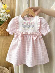 Vintaside Kids Baby Girl Pink And White Striped Plaid Dress,Summer Cute Birthday Round Neck Short Sleeve Fashionable Minimalist Dress For Outdoor,Camping,Vacation - Pink - View 1