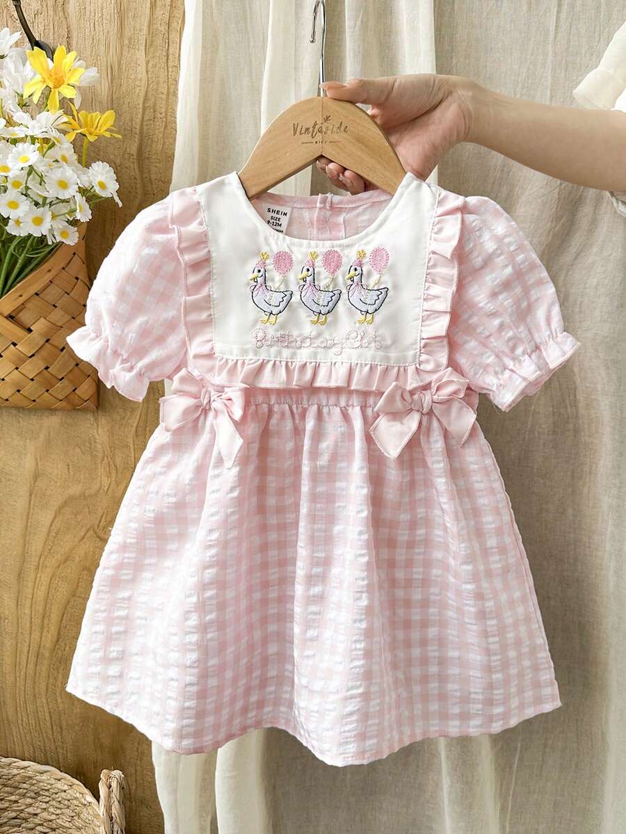 Vintaside Kids Baby Girl Pink And White Striped Plaid Dress,Summer Cute Birthday Round Neck Short Sleeve Fashionable Minimalist Dress For Outdoor,Camping,Vacation - Pink - View 1