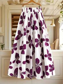 GlowEve CURVE 大码女式彩色印花收腰A字裙，百搭日常、通勤、休闲、优雅、浪漫风格，适合乡村、约会、法式街头、海滩、度假等场合。春夏印花女裙，长款印花女裙，夏季女裙，白色紫色印花裙。 - 彩色 - 查看 2