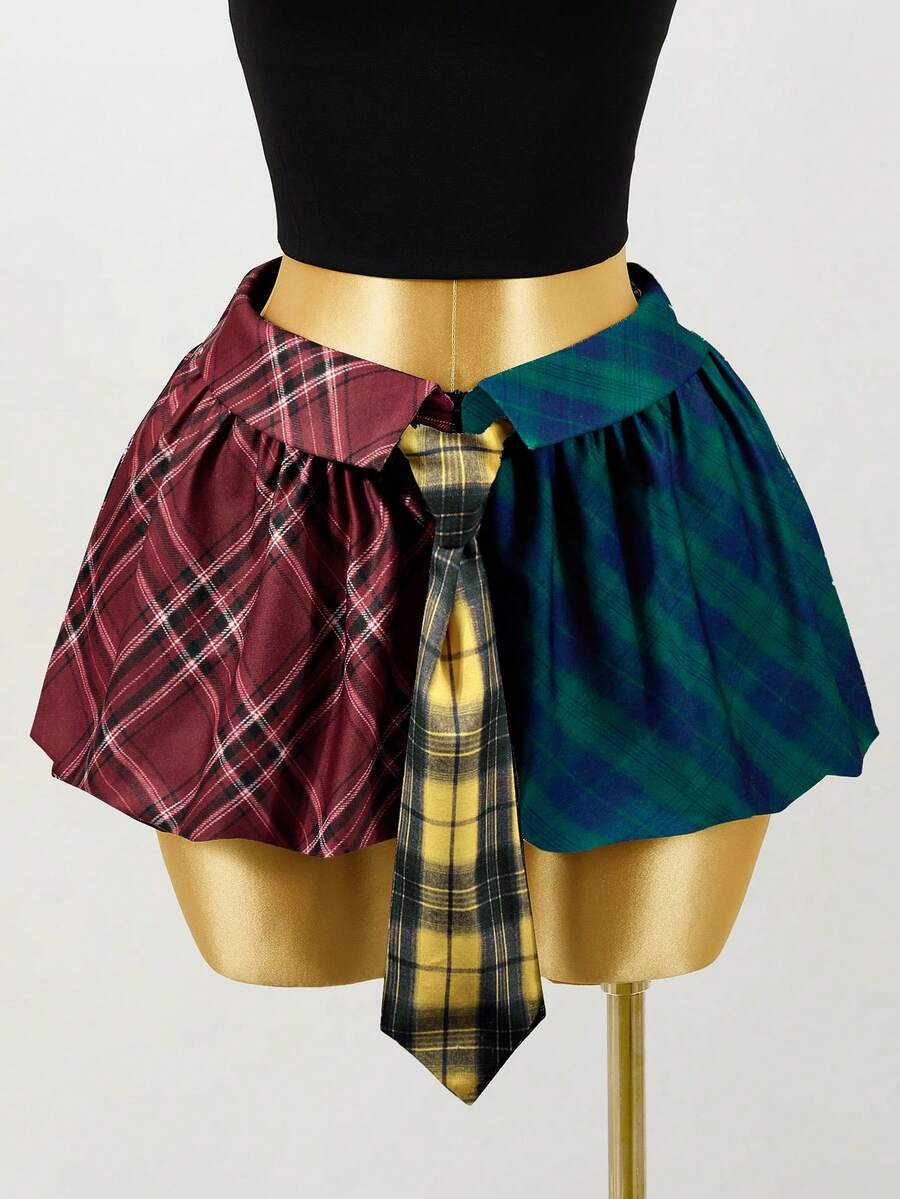 Mistrie Minifalda de mujer con decoración de corbata en patchwork de cuadros multicolor - Multicolor - Ver 1