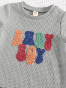 Cozy Pixies 2pcs Baby Boy Letter Pattern Knit Soft Crew Neck Short Sleeve Top And Elastic Waist Shorts Set,Kids - Multicolor - View 10