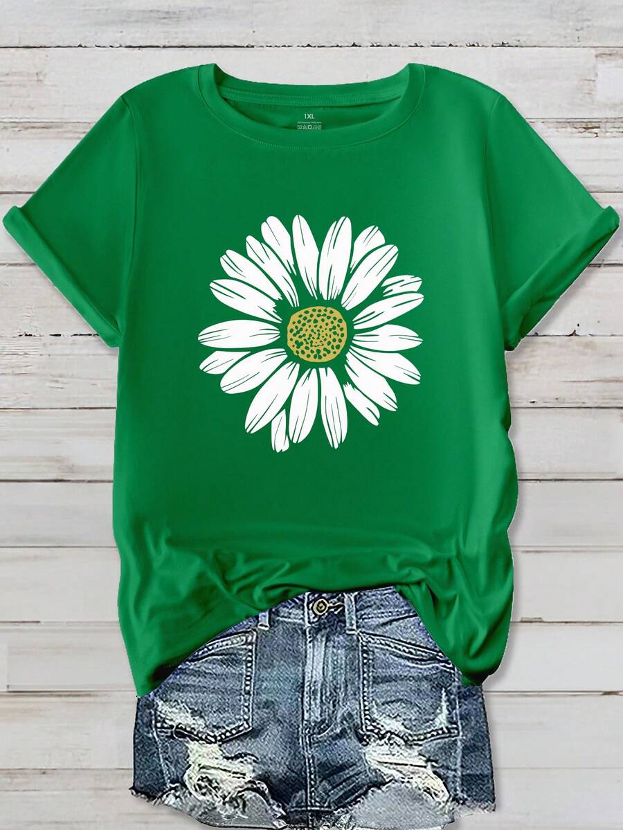 EMERY ROSE Plus Size Women's Floral Print Short Sleeve Casual T-Shirt, Women Round Neck Flower Pattern Top Graphic Tees Women Tops - Green - View 1
