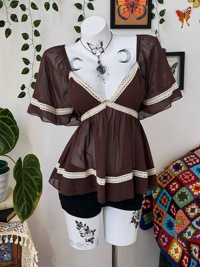 Sunspun Spring, Summer, Fall, Boho New Sweet Elegant Going Out Tops, Bow, Chiffon Fabric Patchwork Hollow Lace Trim With Tie Ruffle Hem Short Sleeve Blouse