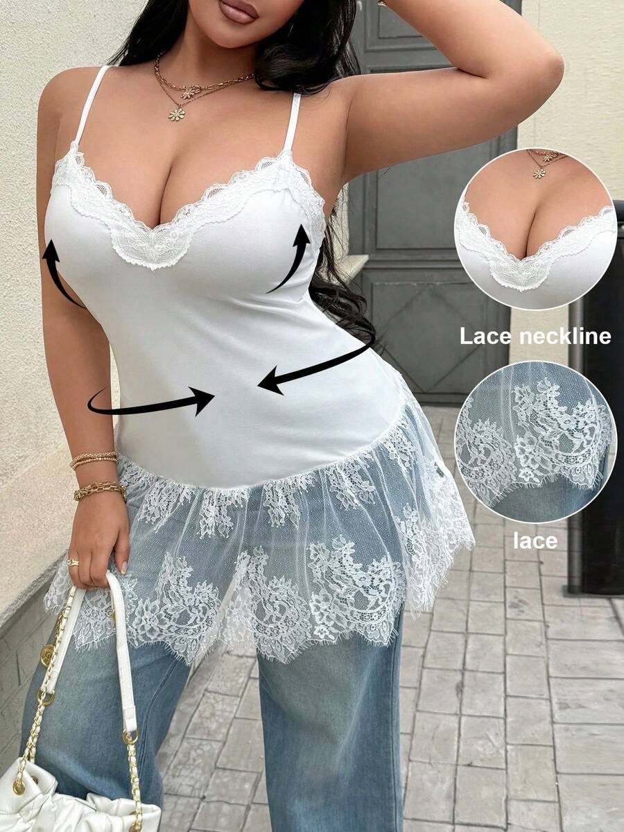 Easura Áo hai dây ren tương phản dành cho nữ cỡ lớn - trắng - Xem 1