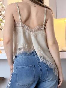 Katetique Women's Solid Color Spaghetti Strap Lace Trim Asymmetrical Hem Loose Blouse - Apricot - View 2