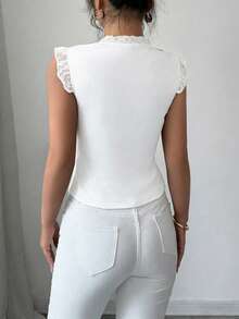 Elenzga Women's Fashion Lace Patchwork Tie-Up Ruffle Camisole - White - View 2