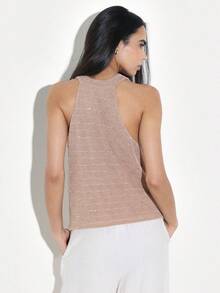 KSTM Áo tank top dệt kim không tay cổ yếm với đường viền cổ đổ, chất liệu lấp lánh, thích hợp cho trang phục thường ngày buổi tối. - Cà phê nâu - Xem 2