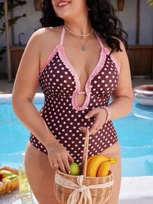 Swim Mod 大码女式波点印花褶皱领连体泳衣，甜美少女风 - 棕色 - 查看 1