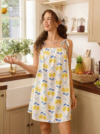 SHEIN 柠檬印花弹力腰圆领宽松短款睡裙（女款）