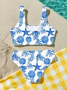 清新蓝色贝壳和海洋生物印花少女休闲简约吊带泳衣套装，适合夏季穿着 - 彩色 - 查看 2