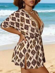 INAWLY Plus Size Women Deep V-Neck All-Over Print Fashionable Versatile Casual Top - Multicolor - View 4