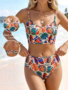 Sylviya 女士夏季吊带背心上衣和高腰比基尼泳裤，热带树叶印花两件套泳装 - 玫紅色 - 查看 7