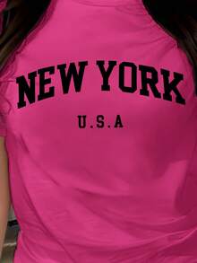 Rovax Women's Contrast Color Print Crew Neck Short Sleeve 2 Pieces Set - Hot Pink - View 3
