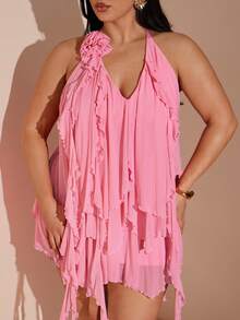 SHEIN BAE Plus Size Women's Cerise Pink Summer 70's Birthday Party Dress,Deep V-Neck Halter Backless Mesh Ruffle Hem Vacation Cocktail Bridesmaid Evening Dress - Pink - View 6