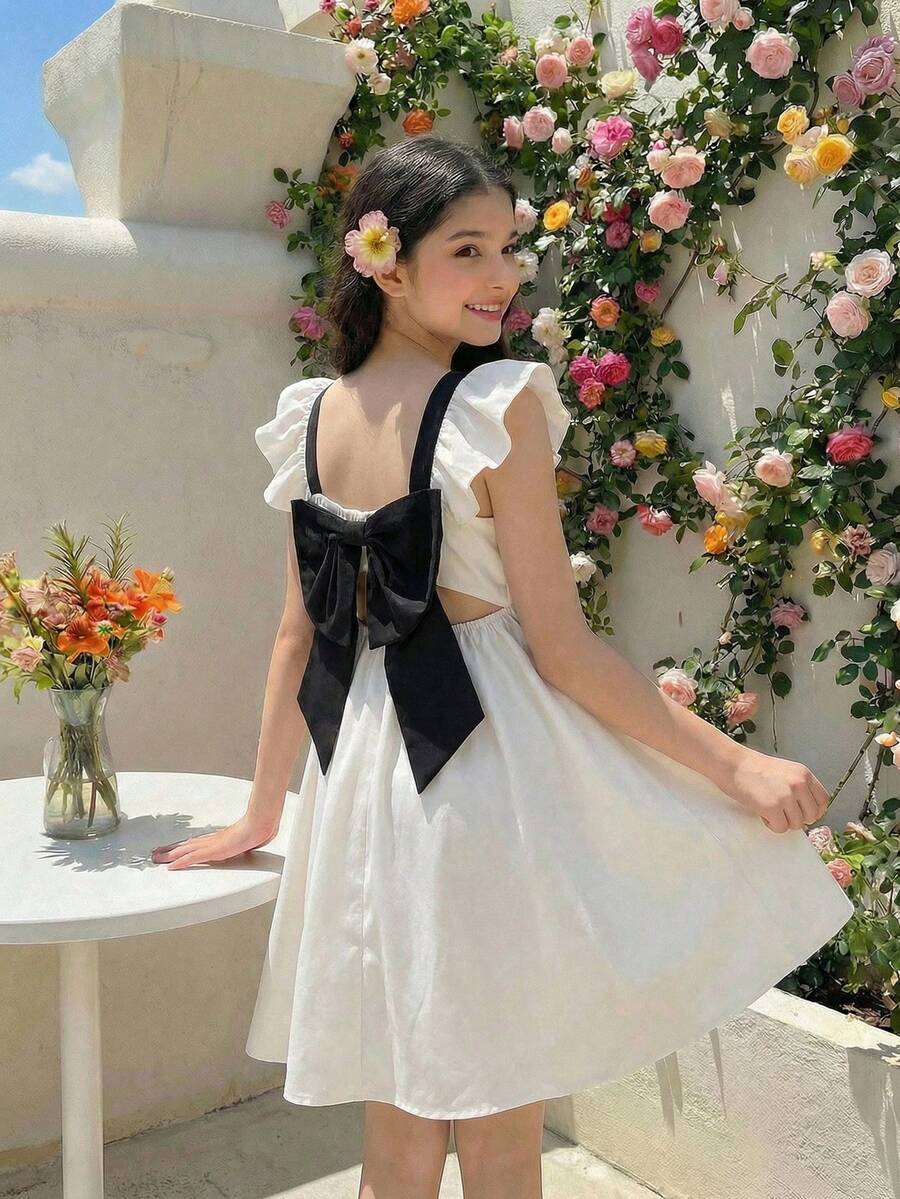SHEIN Tween Girl Elegant White And Black Contrast Bow Mini Dress, Tween Girl Summer Birthday Party Dress, Ruffle Strap Cap Sleeve Backless Casual Dress - Black and White - View 1