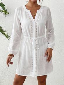 Swim Lushoire 女士夏季沙滩圆领前开襟长袖拼接镂空蕾丝抽绳腰带度假休闲和服连衣裙 - 白色 - 查看 5