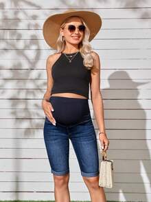 SHEIN Maternity Solid Color Casual Denim Shorts - Dark Wash - View 4