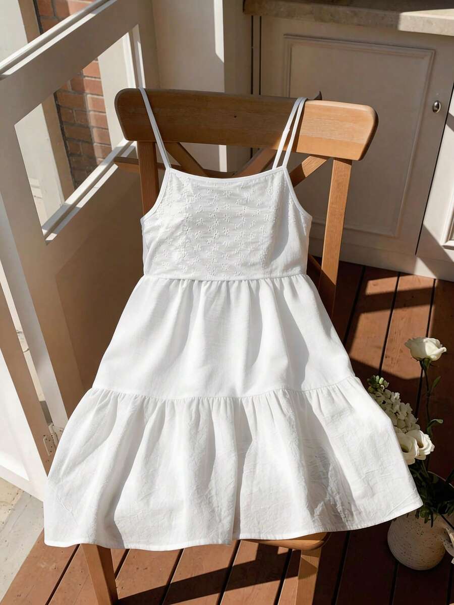女童休闲宽松白色连衣裙，适合夏季度假、旅行、校园及日常穿着 - 杏色 - 查看 1