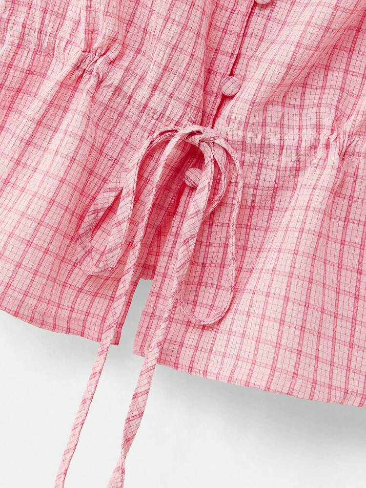Pink Checkered Top With A Tie-Front Waist Spring Summer French Style Parisian Style Pink Top Women Check Top  Preppy Tops Elegant Pink Top