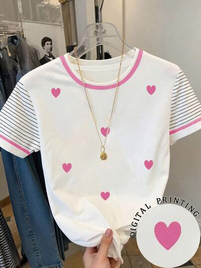 Camiseta de manga corta con cuello redondo y estampado de corazones y rayas para niña preadolescente, adecuada para el verano