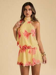 SHEIN BAE Đầm ngắn cổ yếm, viền bèo nhún in hoa dành cho nữ, kiểu dáng đi nghỉ mát. - Hồng - Xem 4