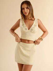 SHEIN BAE Spring/Summer Beach Casual Holiday Pink Linen Striped Skirt/Striped Skirt/Embroidered Skirt/Heavily Embellished Skirt/Summer Skirt/Ibiza/Beach Skirt/South Of France Holiday/Italian Skirt/Basic Style - Yellow - View 6