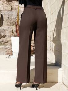 Yess Loren 直筒宽松腰西装裤，都市时尚通勤风格 - 咖啡棕 - 查看 2