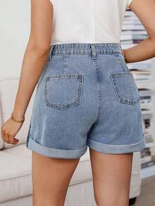 SHEIN Maternity Denim Shorts For Women,Blue Summer Smart Casual Over Belly Stretch Jean Shorts,Patchwork Pocket Folded Hem Button Detail Comfortable Jorts - Blue - View 2