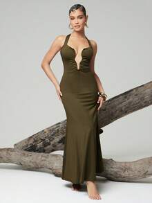 Hauture Đầm maxi cổ yếm khoét lỗ với khóa kim loại cong - xanh quân đội - Xem 3