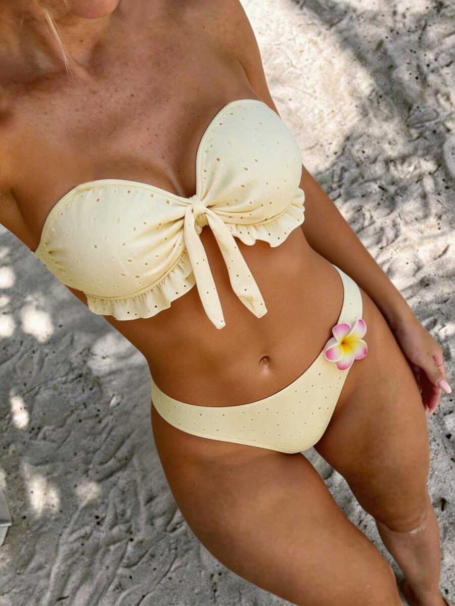 Swim Mod Women's Yellow Baroque Bandeau Bikini Top With Lace Up Detail Micro Crop Sleeveless Casual Swimwear - Yellow - View 1