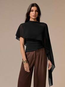 SHEIN Tall Áo len nữ dệt kim cổ nhún bèo bất đối xứng vai, kiểu dáng thanh lịch, thích hợp cho mùa thu/đông, màu đen. - màu đen - Xem 5