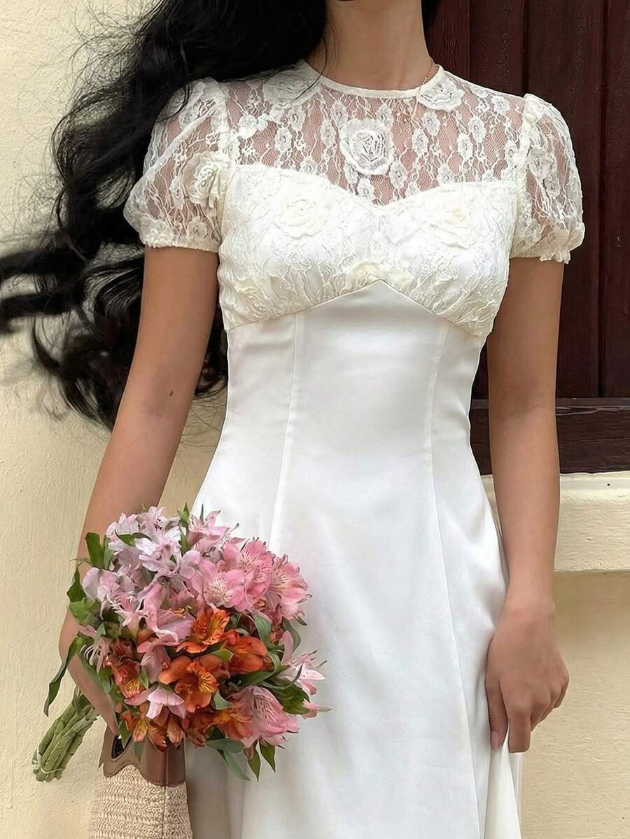 Firerie Elegant Ivory Lace Puff Sleeve Midi Dress For Women Round Neck A Line Flared Hem Woven Fabric - Champagne - View 1