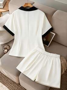 GlowEve CURVE Plus Size Fashion Black And White,Summer,Elegant,Smart Casual,Office Color Block Blazer And Casual Shorts Two Piece Set Korean Style Suits For Women - Apricot - View 2