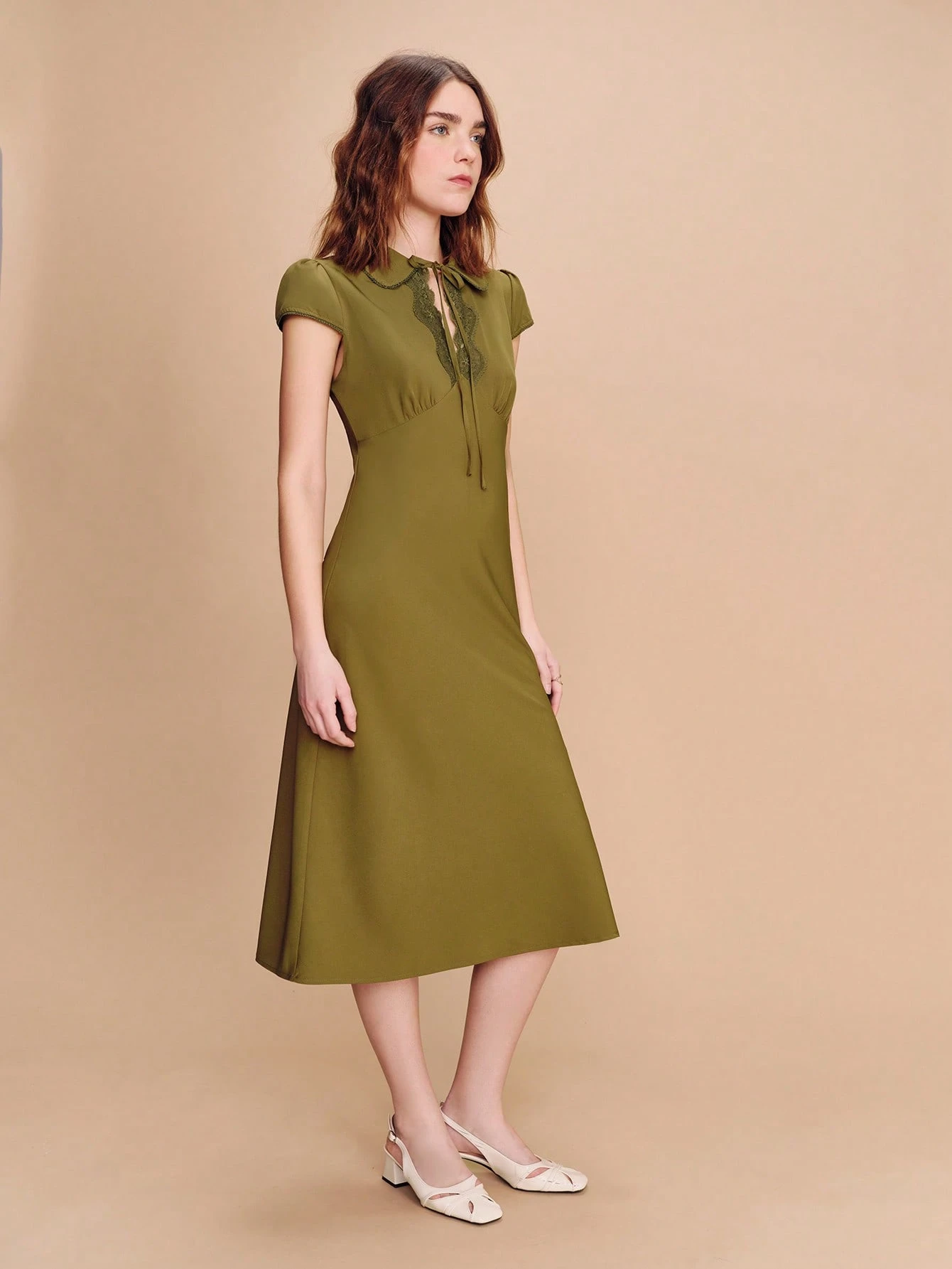 Khaki Satin Fitted Midi Dress With Peter Pan Collar And Cute Lace Details Green Midi Dress Spring Summer Going Out Vacation Dress Green Satin Dress Office Dress French Style Dress
