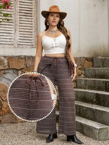 SHEIN LUNE Plus Size Brown Crochet Lace High Waist Straight Leg Pants, Beach Vacation Casual Trousers Boho Pants For Women Knit Pants Boho Knit Pants Fringe Bag Tassel Bag Tassel Pants Fringe Pants Women Wide Leg Pants Stripe Pants Music Festival Pants Lace Trousers Music Festival Attire, Country Music Festival Attire, Casual Vacation Attire Floral Three-Dimensional Texture Fabric Brown Pants - Brown - View 7